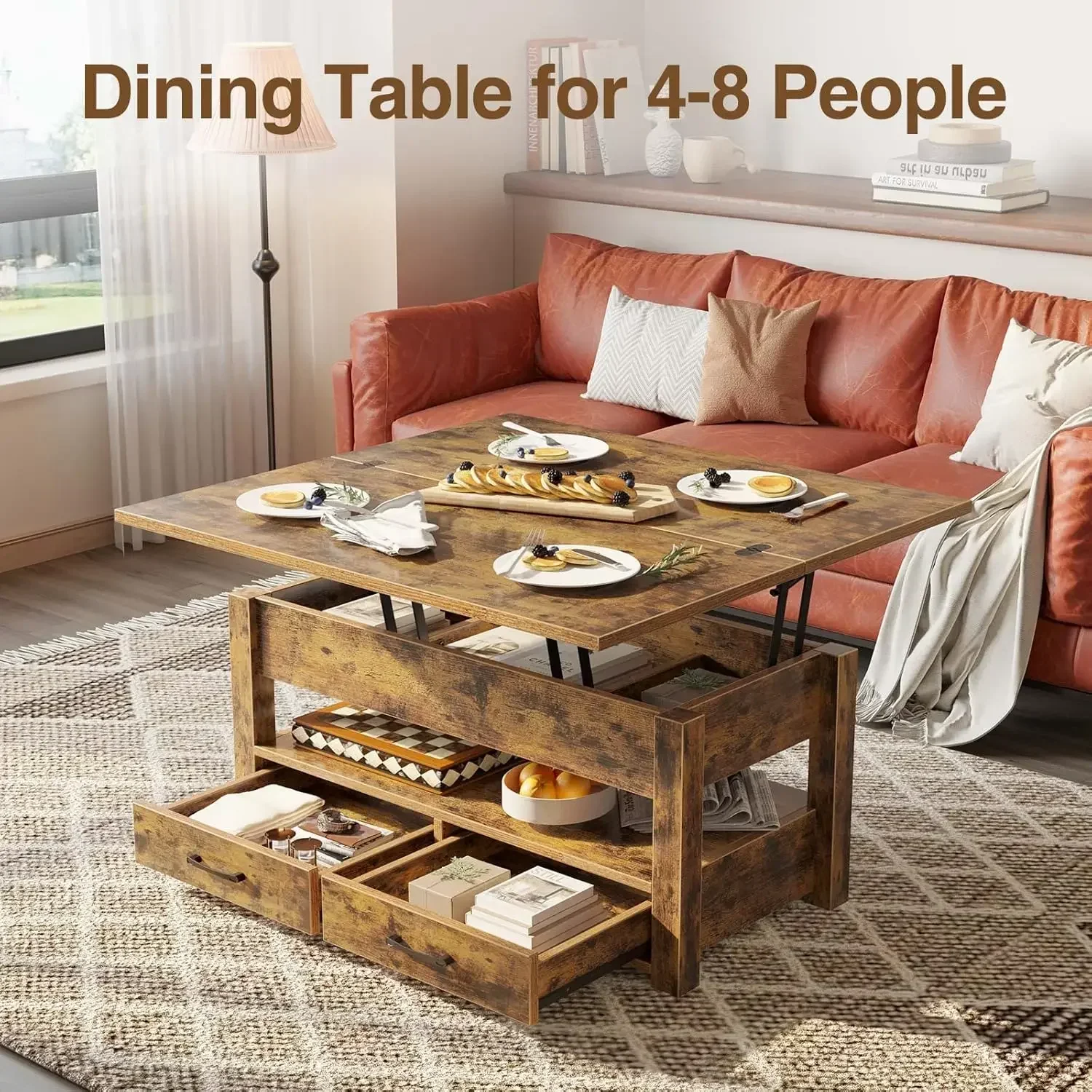 

[New Arrival, Buy Now!]Coffee Table Lift Top, Multi-Function Convertible Coffee Table with Drawers and Hidden Compartment, Coffe