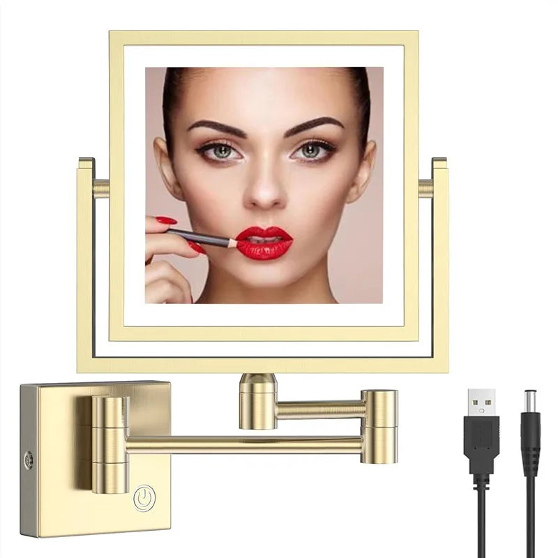 Modern Gold  Dual Arm  Foldable Led  Bathroom Mirrors Quality Brass 8inches  Square Lighted Makeup Mirror 3X  Magnifying Mirrors