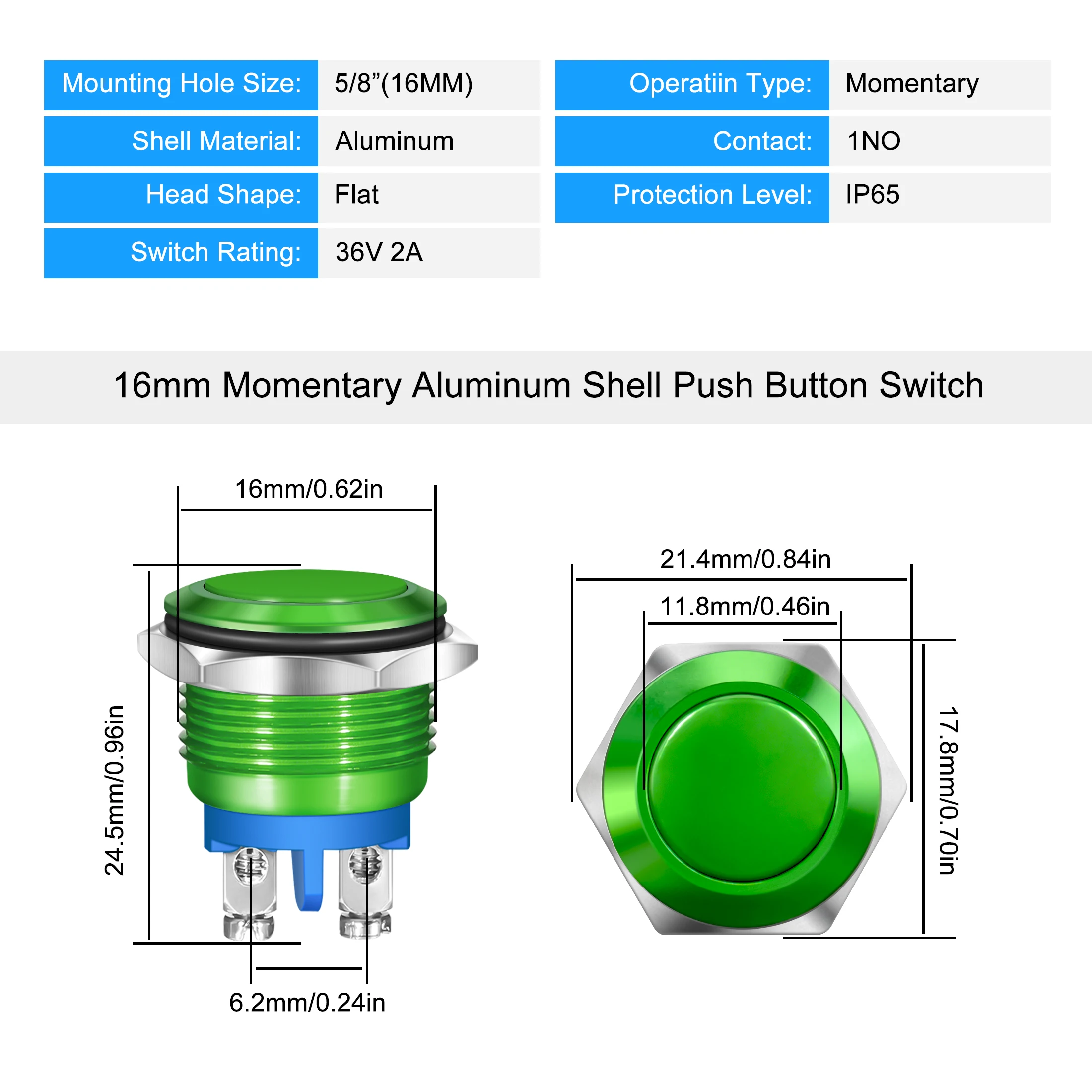 16mm Metal Push Button Switch Momentary 1NO Car Press Button Screw Terminal