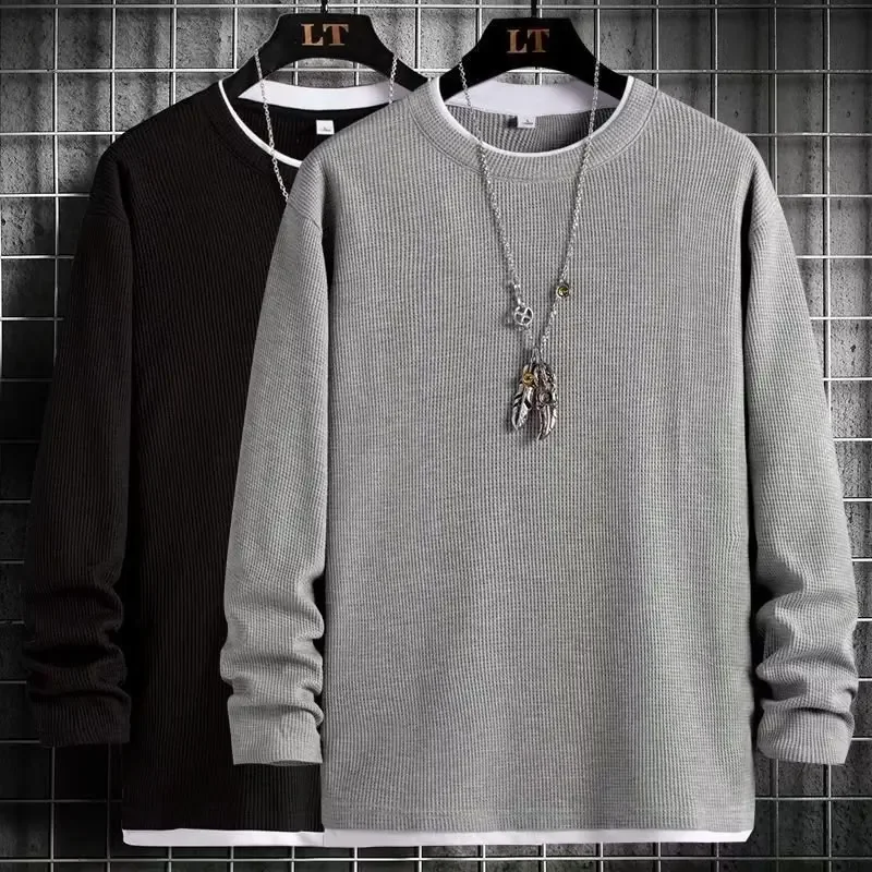 الخريف الشيكات قطعتين الوهم كم طويل البلوز الرجال فضفاضة تناسب الجولة الرقبة ملابس خارجية قاعدة طبقة تي شيرت غير رسمي