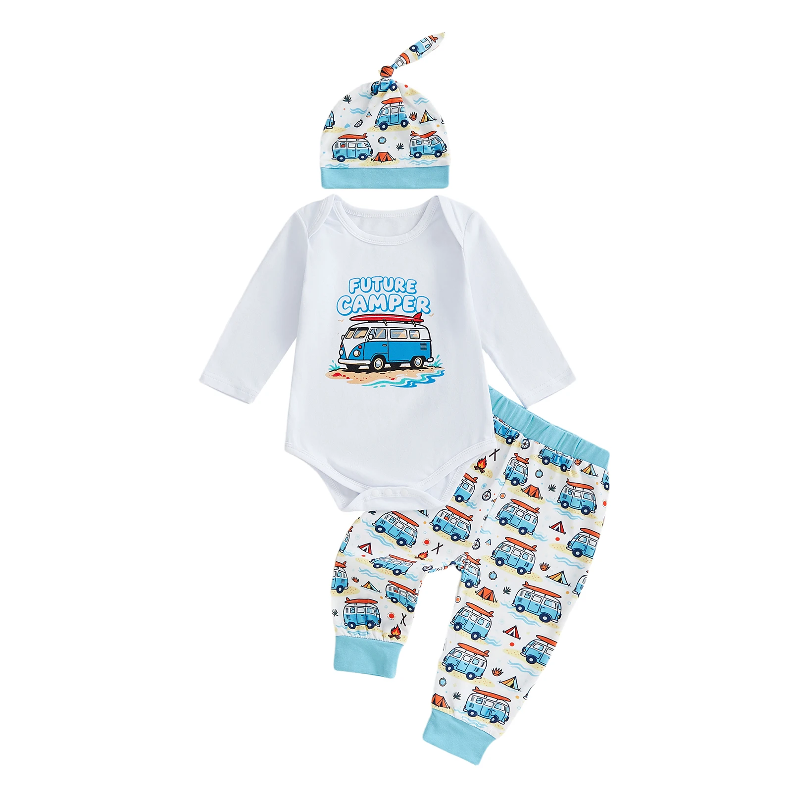

Комплекты одежды из 3 предметов для маленьких мальчиков, комбинезон с длинными рукавами и круглым вырезом с буквенным принтом Camper Van, штаны, комплекты шляп