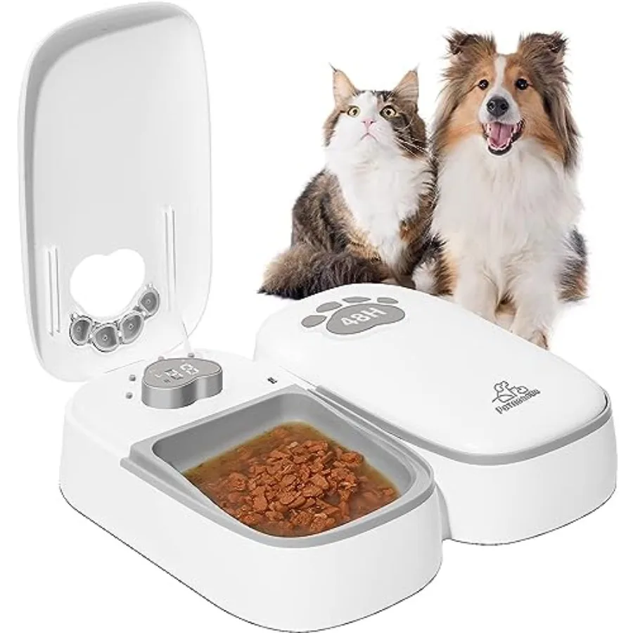 Comedero Automático para Mascotas, 2 en 1, con Chip Mejorado, Temporizador, Dispensador de Comida Seca para Perros y Gatos, con Pantalla, Conserva la Frescura por 48 Horas