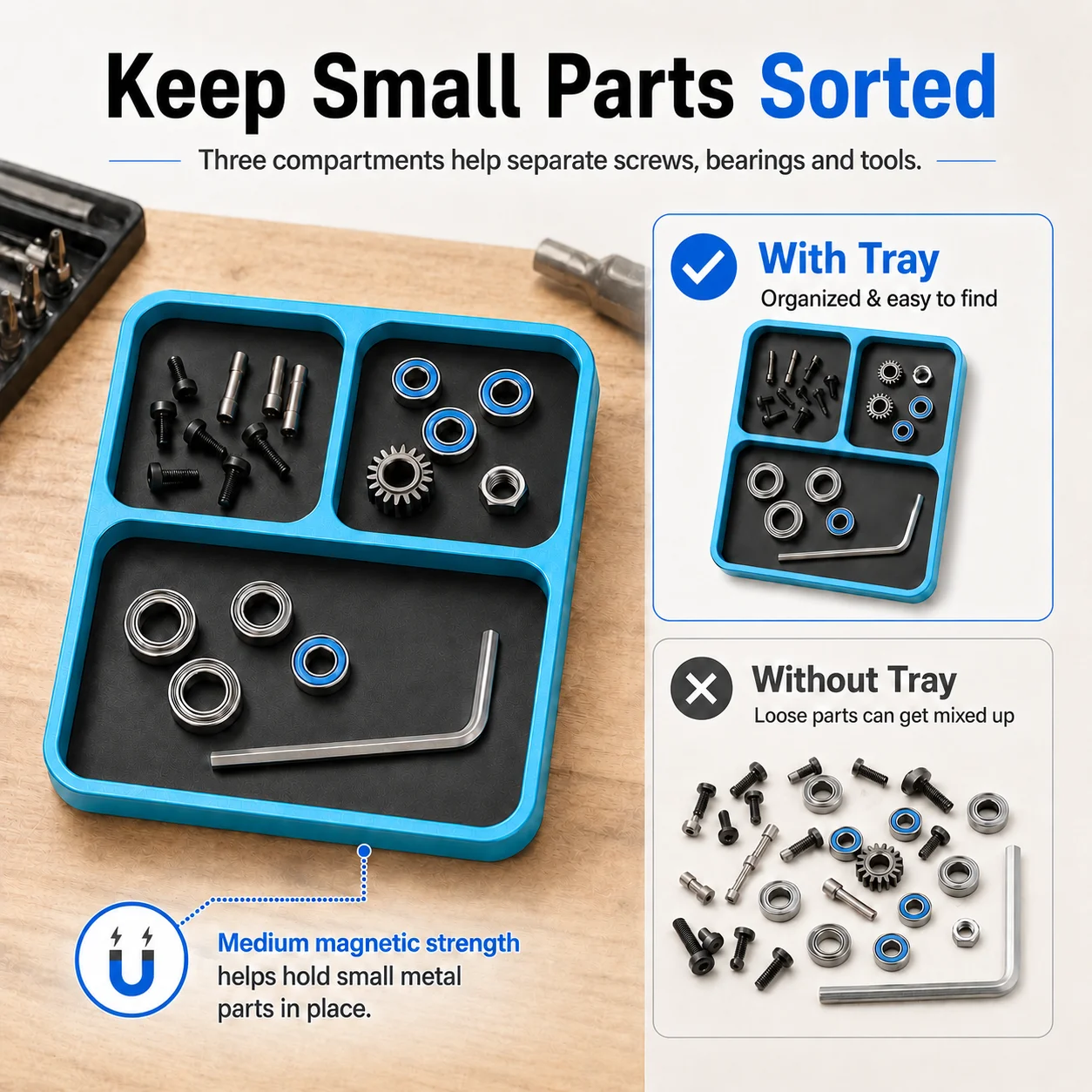 Magnetic Tool Tray for RC Car Drone Electronics Repair Small Parts Compact Hardware Holder Secures Screws, Pins, Sockets