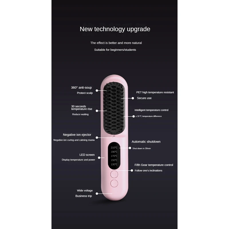 Wireless Hair Straightener Brush Fast Heated Straightener Brush Negative Ions Hair Curler Portable Heating Comb-Black