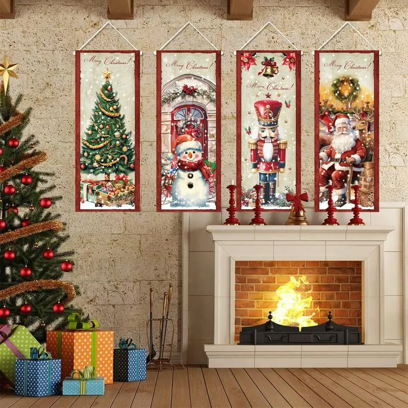 VIKAMA Vertical Hanging Wall Art for Winter, 4 Pc Banner Set Tree Snowman Nutcracker Santa, Warm Holiday Decor Home