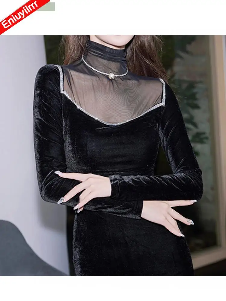 New Year Christmas Date Girls Elegant Little Black Sheer Mesh Velvet Dress Women Bodycon Sexy High Waist Bling Party Dresses