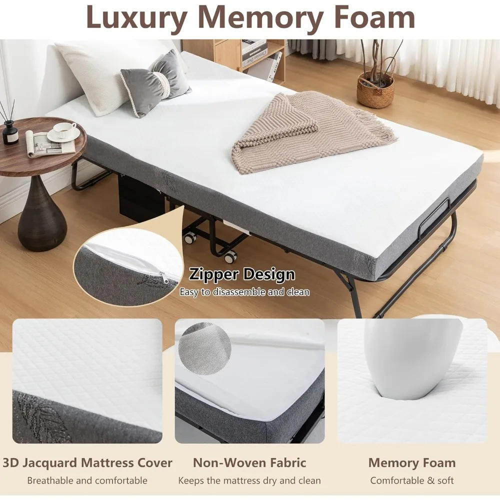 سرير ضيوف محمول مزدوج الحجم قابل للطي مع مرتبة، إطار فولاذي عالي التحمل للبالغين