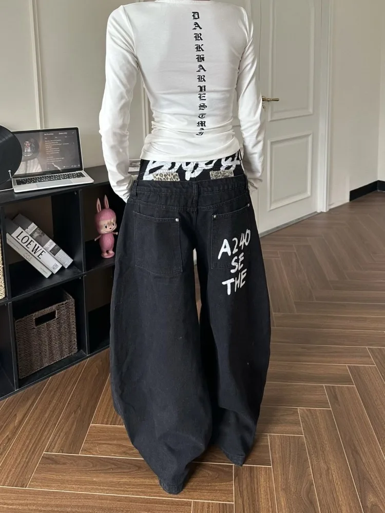 Women's Doodle Letter Double Waistband Splicing Jeans Spring Wide Leg Pants Unisex Sweatpants Female High Waisted Baggy Trousers