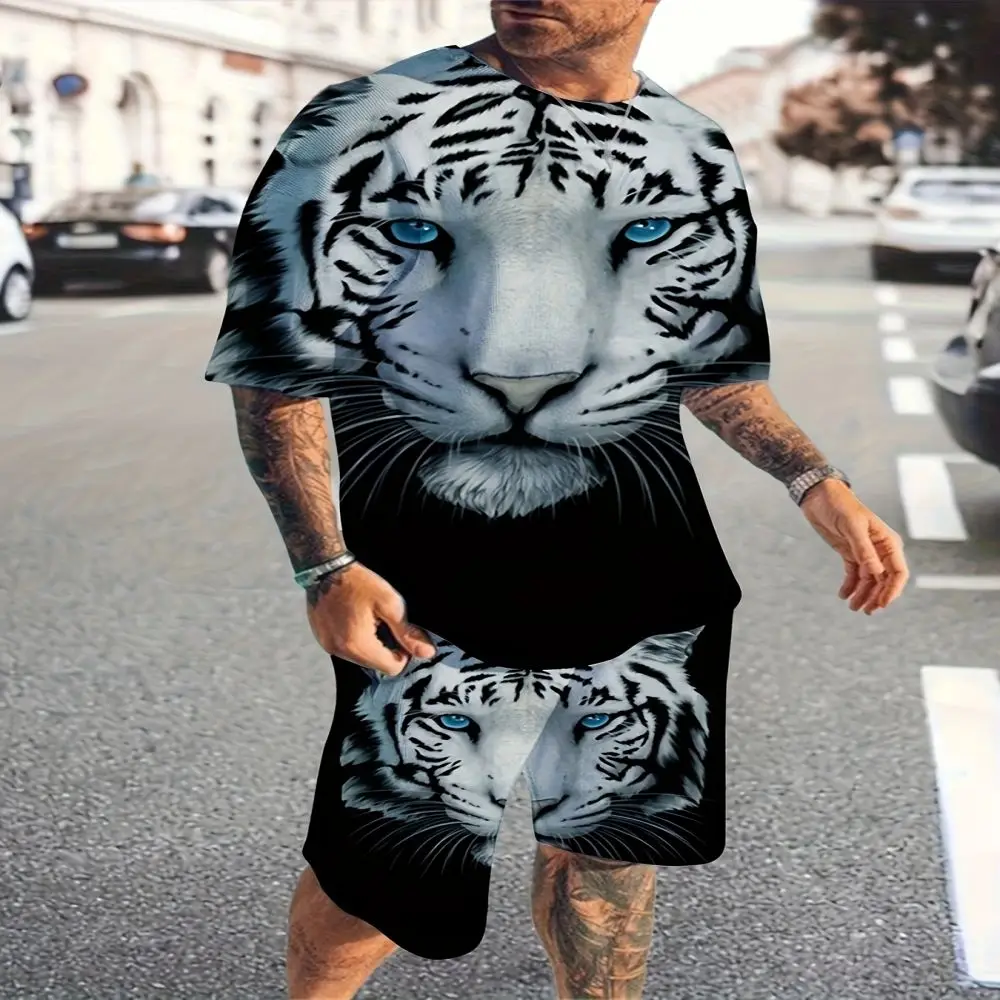 New 3D tiger and lion print men\'s summer round neck short-sleeved T-shirt shorts set 2-piece high quality casual street sports s