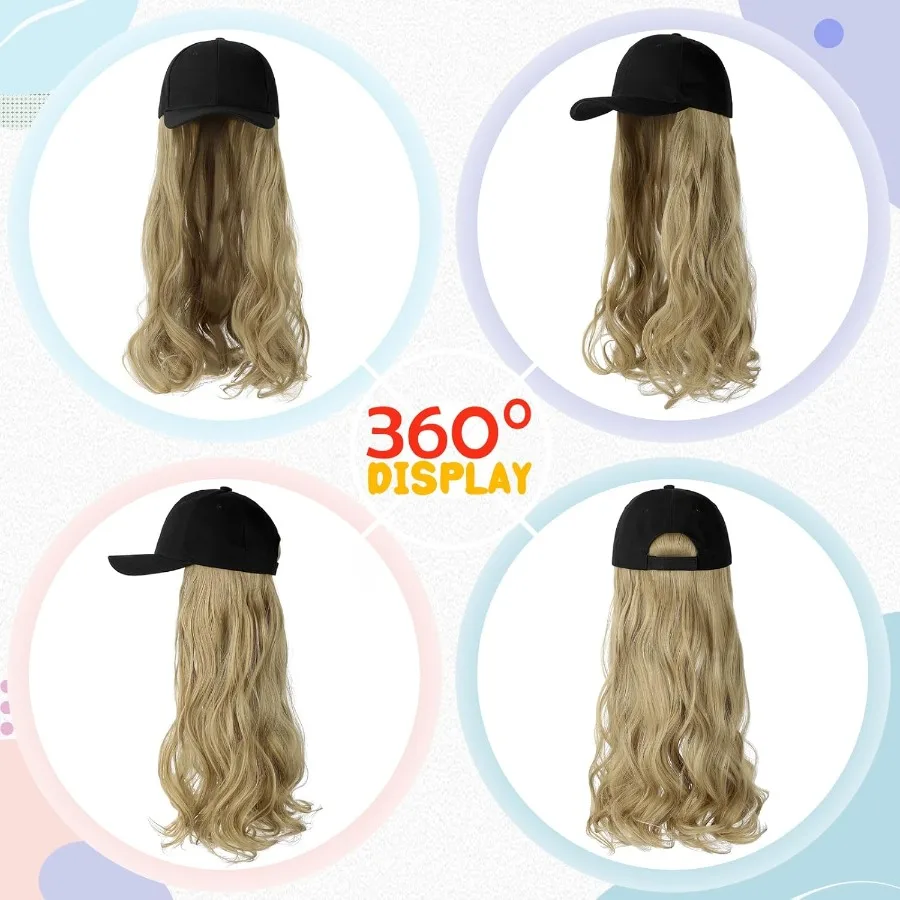 باروكة قبعة بيسبول سوداء قابلة للتعديل مقاس 24 بوصة مع وصلات شعر صناعية طويلة مموجة للنساء والفتيات مثالية لمرحلة الحفلات التنكرية