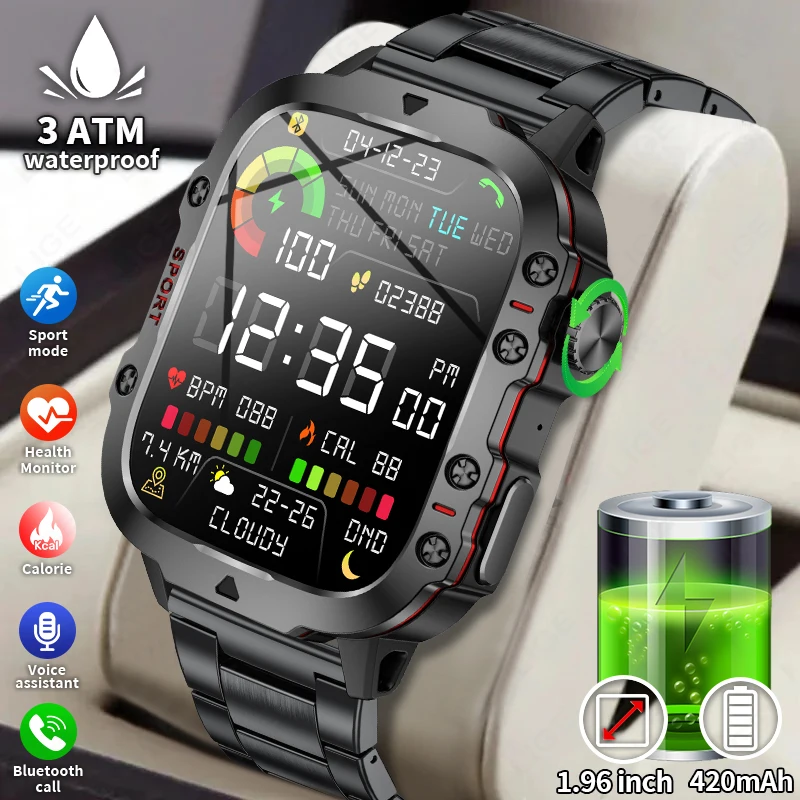 

LIGE New Military Men Smart Watch SOS Bluetooth Call 3ATM Waterproof Watches 1.96'' Screen Outdoor Sports Smartwatch For Xiaomi