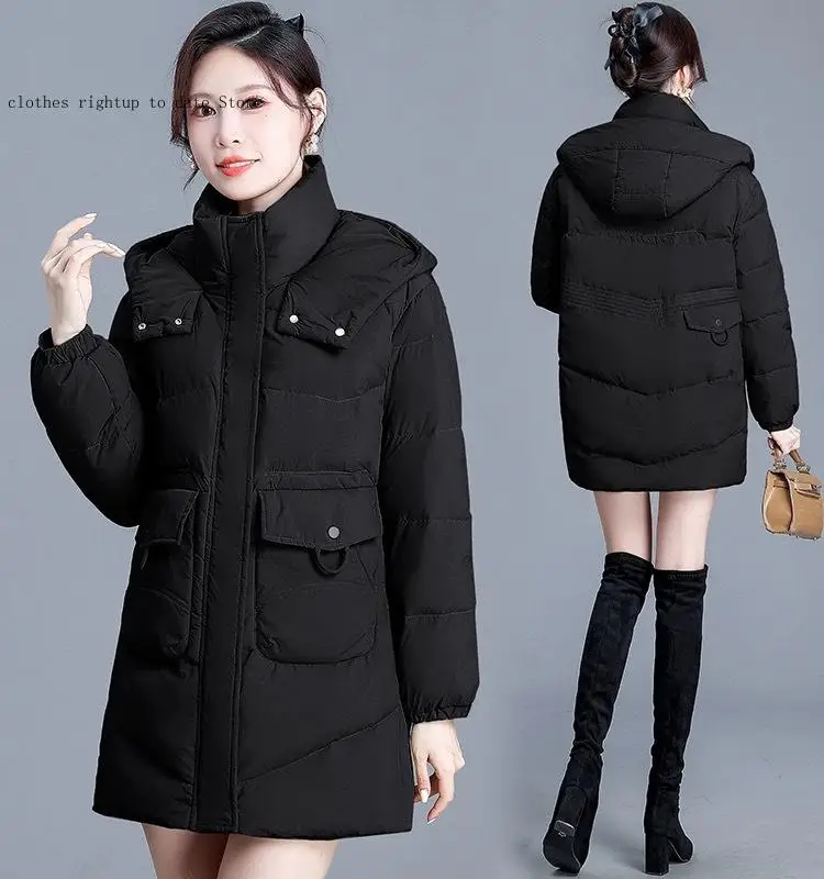 Spring and Autumn Winter Solid Color Medium Long Hooded Korean Edition Thick Warm Cotton Jacket Coat for Women