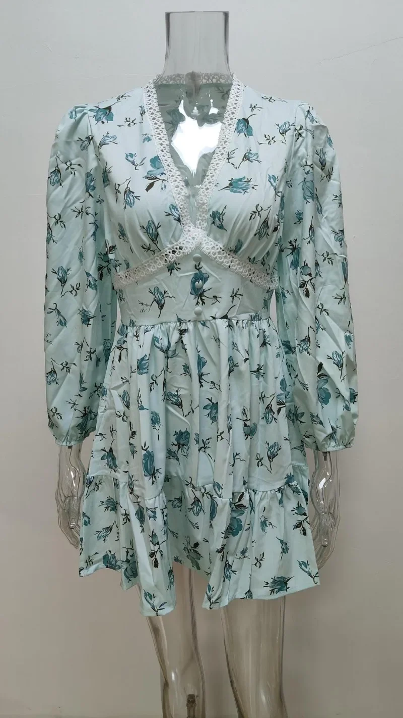 Summer Lace V Neck Floral Dresses Women Long Sleeve Lantern Sleeve Mini Dress Elegant Sweet Casual Pullover Dresses New Fashion