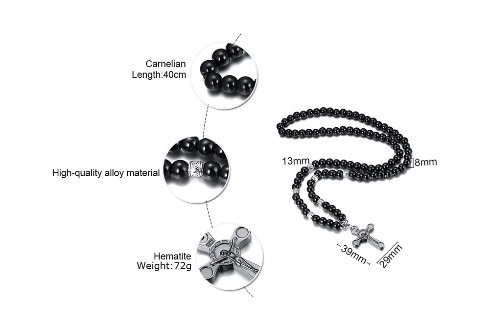 HERREN SCHWARZE CARNELIANISCHE STEIN ROSAIRPERLEN-HALSKETTE CROSS CRUCIFIX KATHOLISCHER MÄNNLICHER SCHMUCK – Detail 1