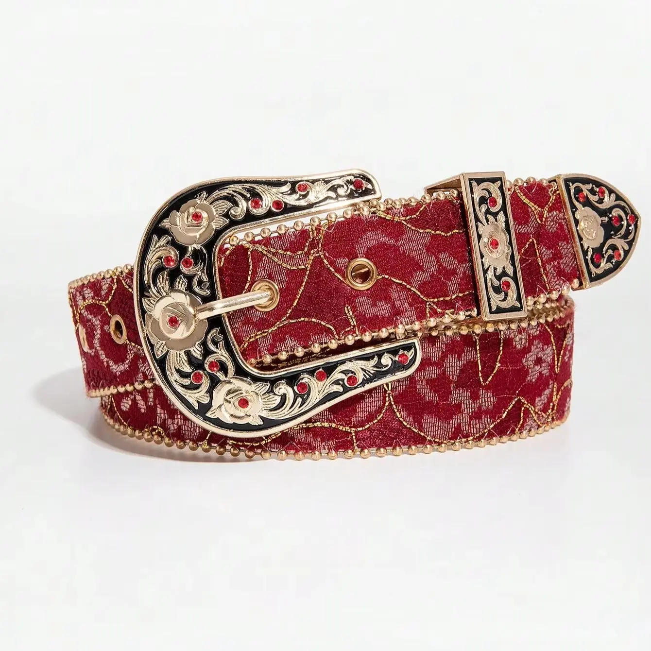 1pc women's vintage Bohemian-style burgundy jacquard embroidered belt with a carved buckle, Western-style decorative belt
