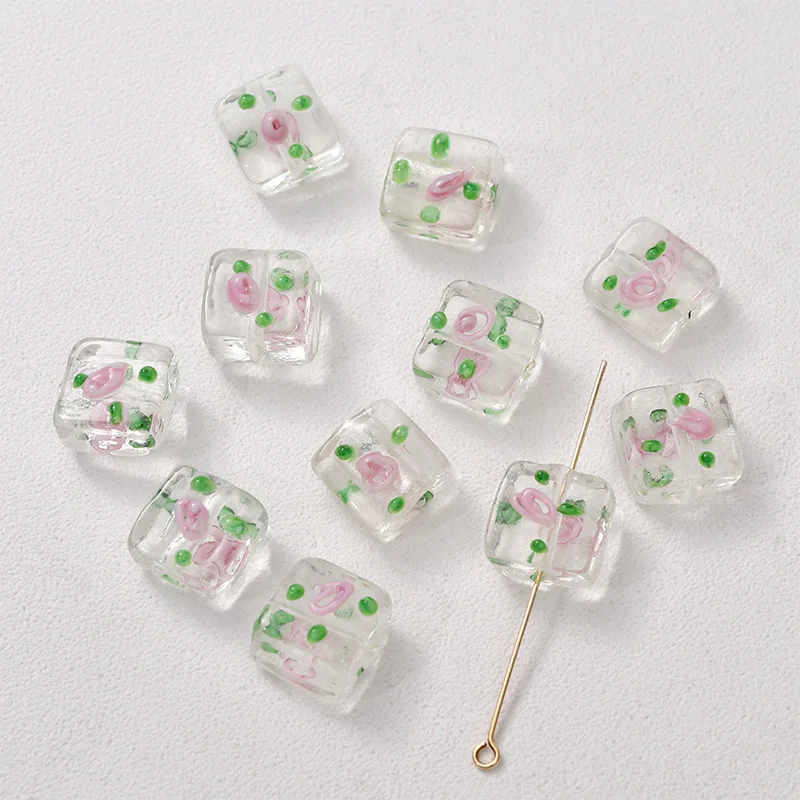 5pcs 12mm Square Shape Lampwork Flower Beads Fashion Jewelry Making Accessories Loose Spacer Murano Glass Bead For Bracelet DIY
