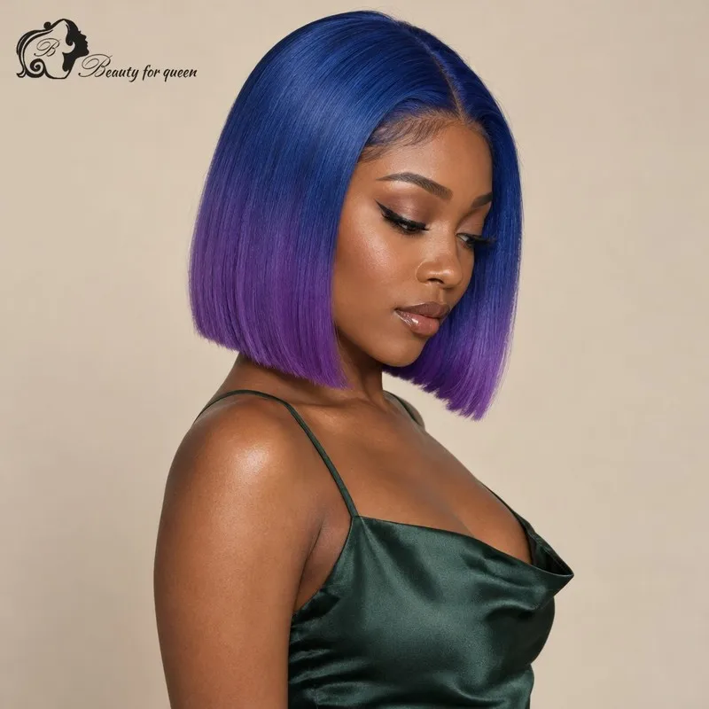 Blue Purple Ombre Straight Lace Front Wig Short Glamorous Shiny Lustrous Fluffy Heat Friendly Deep Middle Part Pro 180 Density