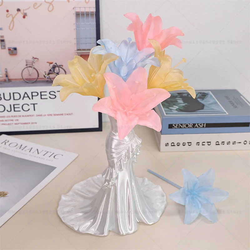 3D Printed Translucent Lily Tulip Moth Orchid Artificial Flowers, Bouquet Ornament Warm home Desktop Vase Decor Souvenir Gift