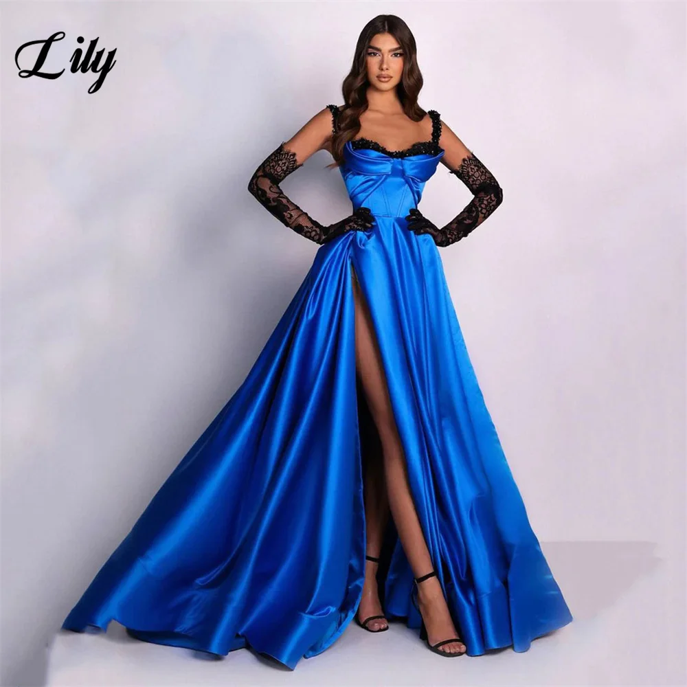 

Lily Royal Blue Prom Dress Side Split A Line Evening Gown Lace Spaghetti Strap Sweetheart Party Dress Stain платье на выпускной