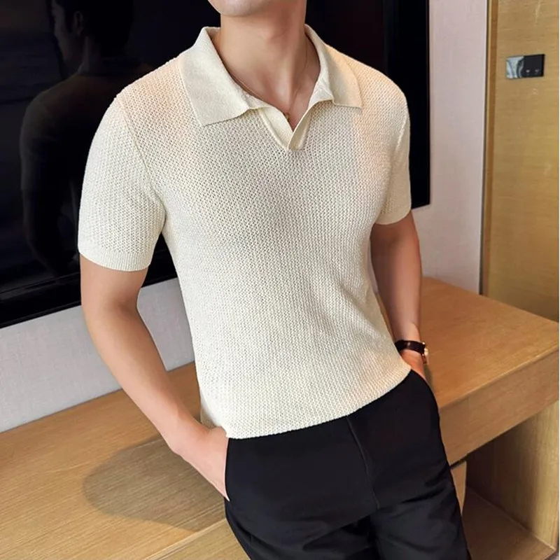 Summer Hollow Knitted Short Sleeved Polo shirt Mens Elasticity Mesh Casual T Shirt Male V Neck Slim Fit Breathable Polo Shirt