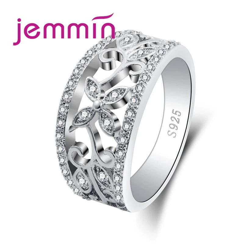 Wholesale Noble Women Flower Attractive Style White CZ Garnet 925 Sterling Silver Ring Size 6 7 8 9 10 Charming Jewelry