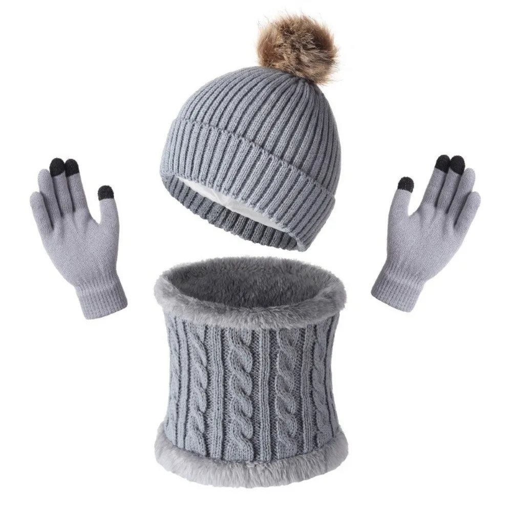 Thickened Hat Scarf Gloves Set Solid Color Beanie Hat Pompom Beanies Hat Twist Texture Cold-Proof Winter Knitted Gloves Set Girl