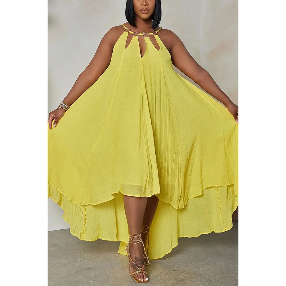 Plus Size Yellow Casual Sleeveless Cut Out Irregular Hem Loose Midi Dresses Hollowed Neck Long Dress