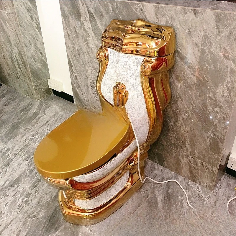 Large pipe anti-clogging straight flushing electroplated gold smart toilet, yellow-gold toilet