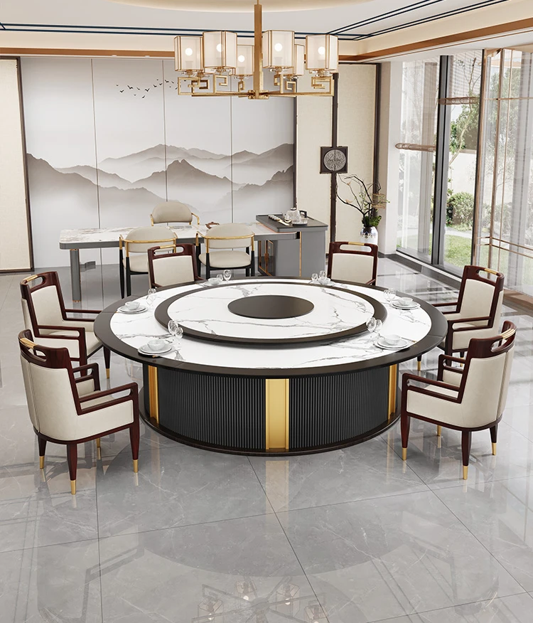 Hotel rock grand round hotel villa 20 people solid wood dining table and chair club box restaurant electric turntable table