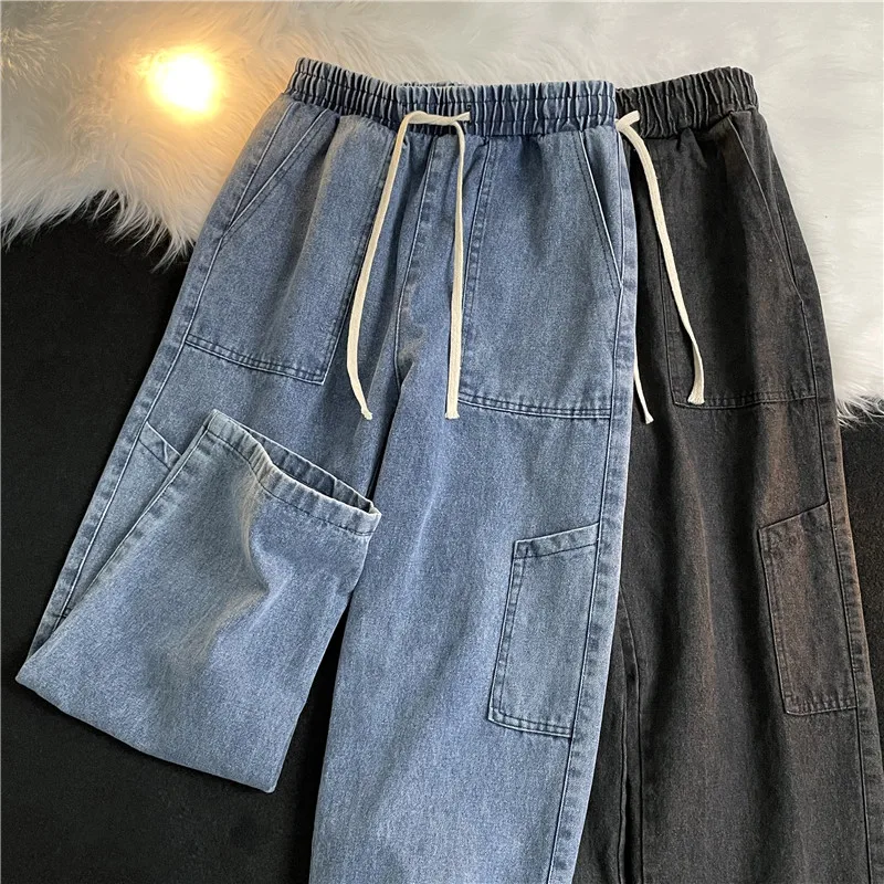 

Men's Street Large Size Retro Style Large Pocket Tooling Jeans Fashion Straight-leg Pants Loose Mopping Pants for Men B230