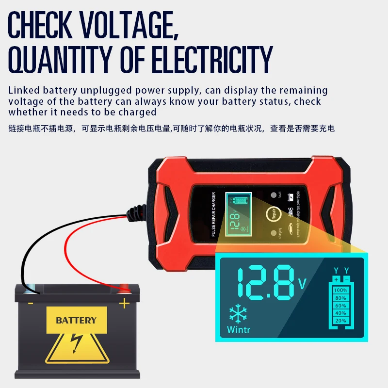 2V 6A  Car Battery Charger Intelligent Fast Charging Pulse Repair Type Full Auto-Stop Dual-Mode Lead Acid for Motorcycle Truck