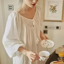 Princess 100% Cotton Embroidery Nightgowns Spring Full Sleeves White Loose Nightdress Ankle-Length Vintage Long Nightie Gown New