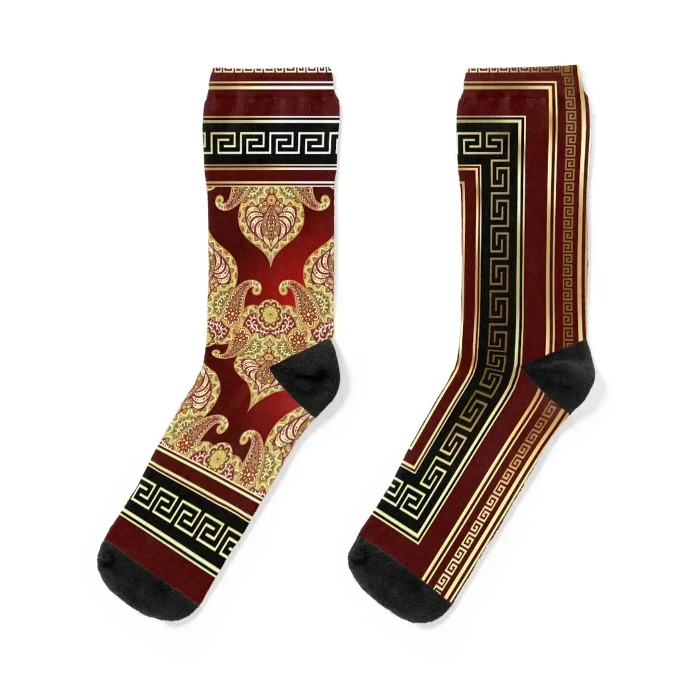 Greek Key Maroon Red Gold Black Floral Paisley Socks crazy winter gifts sports and leisure Mens Socks Women's