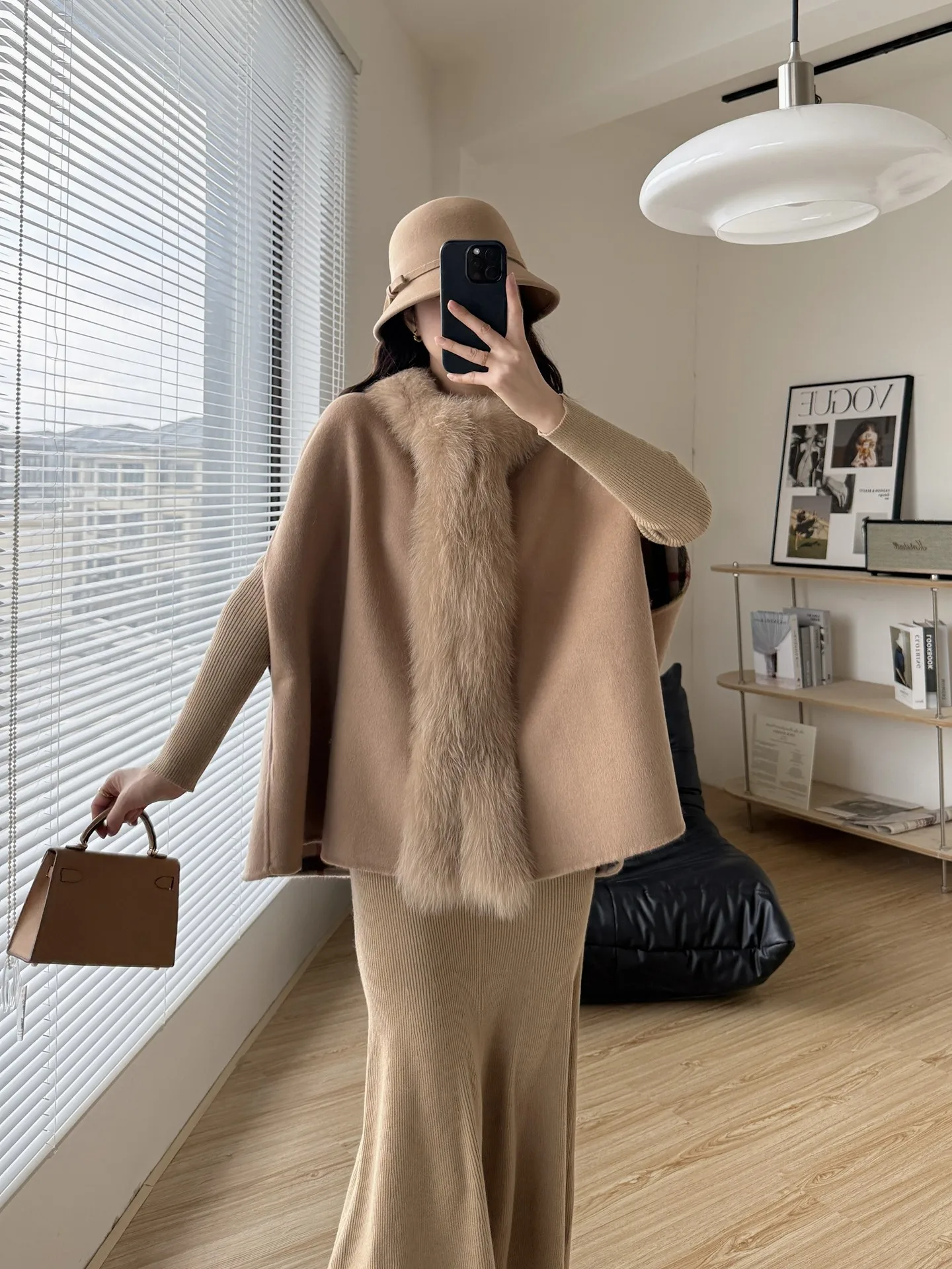 Nanyang Girls' 2025 Autumn/Winter new checkered double-sided woolen overcoat, Winter fox fur collar fur cloak, woolen coat