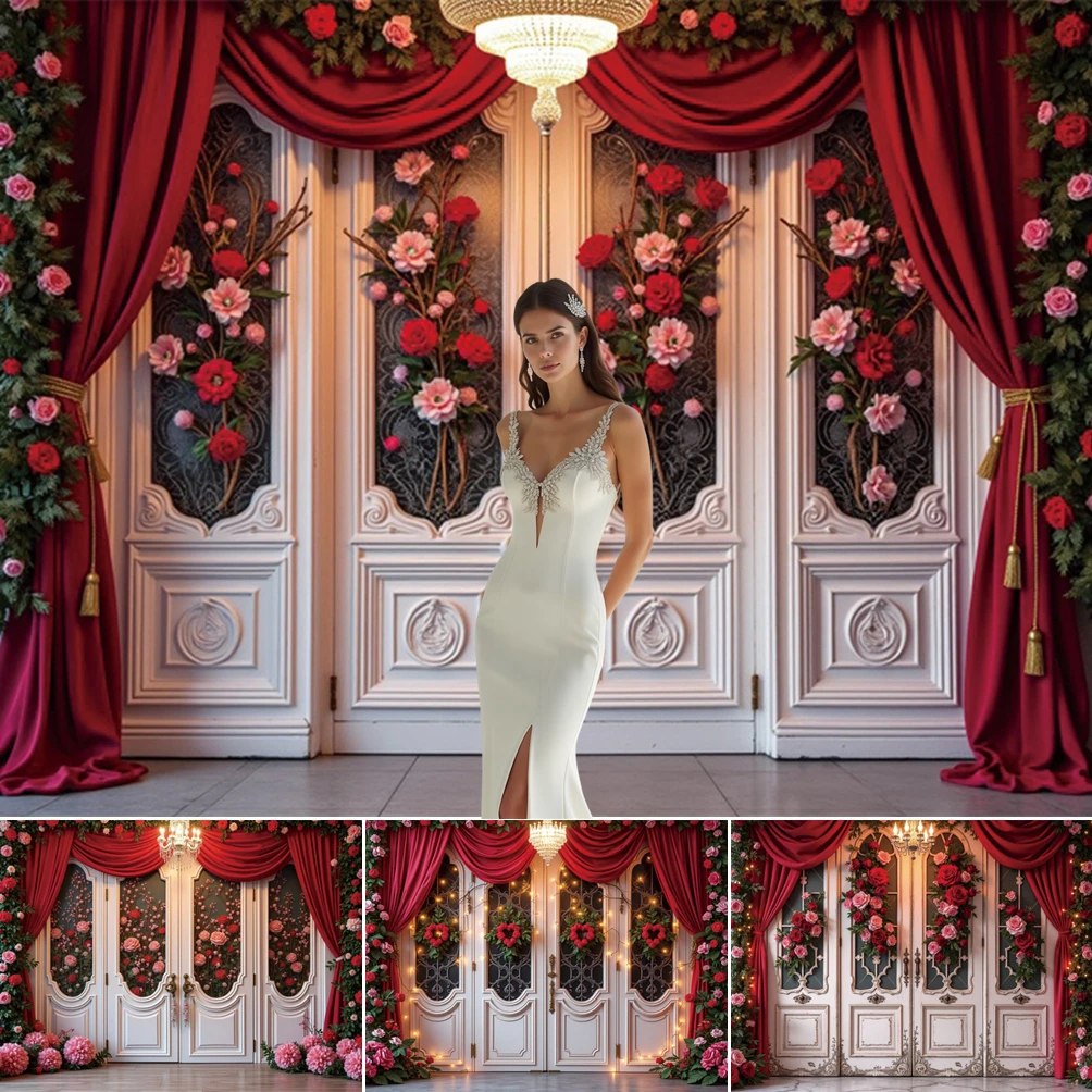 

MOON.QG Valentines Photographic Background Rose Door Red Curtains Backdrop Photo Studio Photozone Lover Couple Photozone Wall