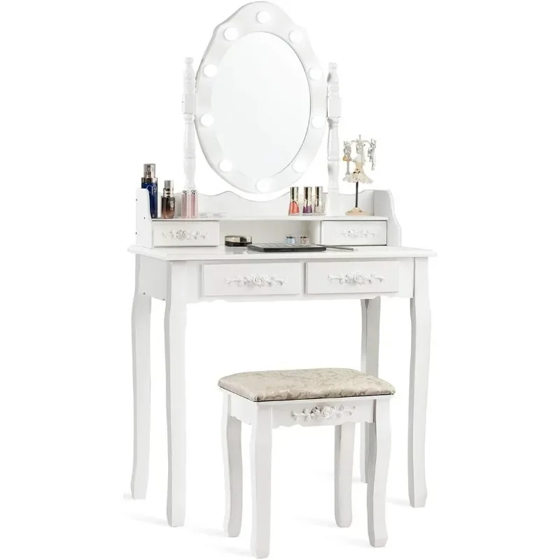 Makeup Vanity Table with 10 LED Lights, 4 Drawers, Storage Shelf, Rose Knob, Bedroom Dressing Makeup Table Vanity Desk