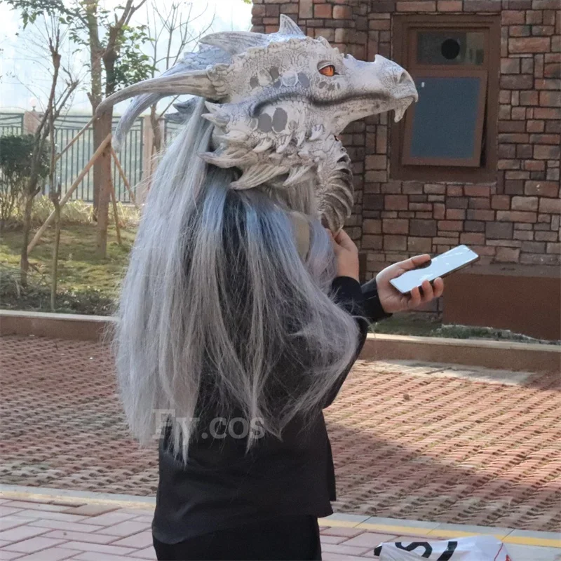 Maske Raptor mit Originalfell Drache Dinosaurier Kopf Latex Mascara Cosplay Pelztier Helm Halloween Kostüm für Mann Erwachsene – Detail 3