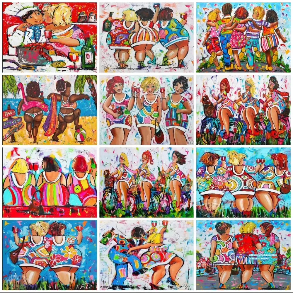 DIY Diamond Painting Kit Colorful Abstract Women Friends Party Cycling Beach Scene Pattern Hand Craft Home Interior Decor Gift