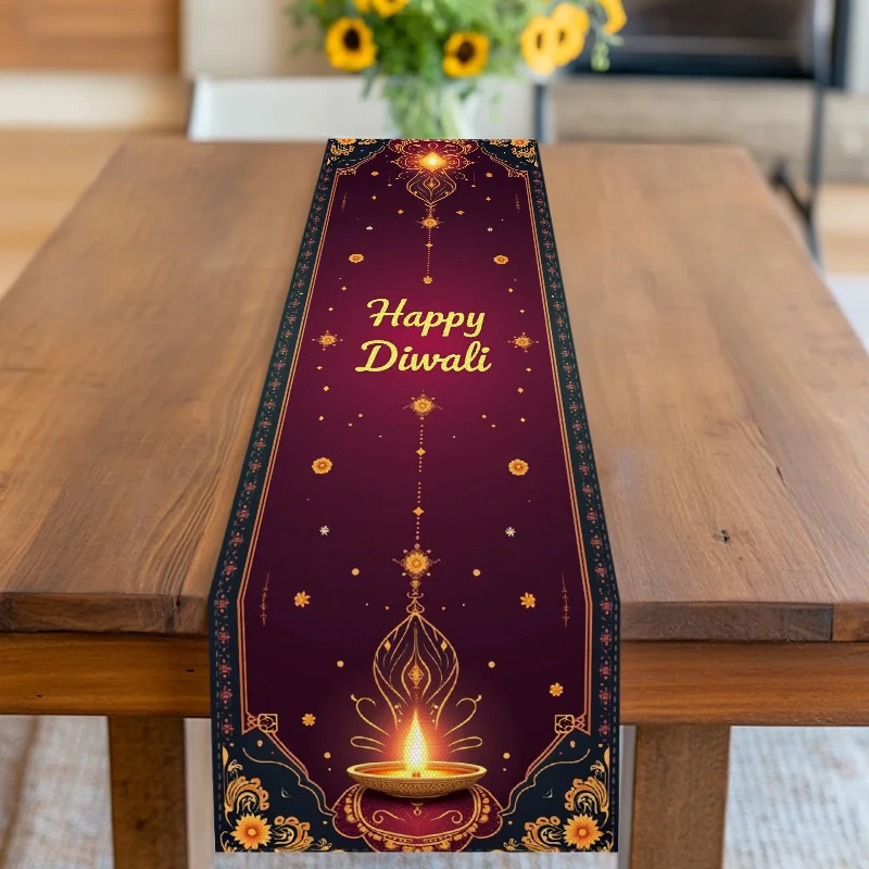 Happy Diwali Festival of Lights Linen Table Runner Holiday Party Decor Reusable Kitchen Dining Table Runner Diwali Decorations