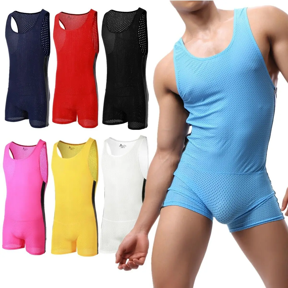 

Mens Undershirts Sexy Mesh Breathable Bodysuit Sport Workout Jumpsuit Men Fitness One-piece Leotard Wrestling Singlet Swimwear