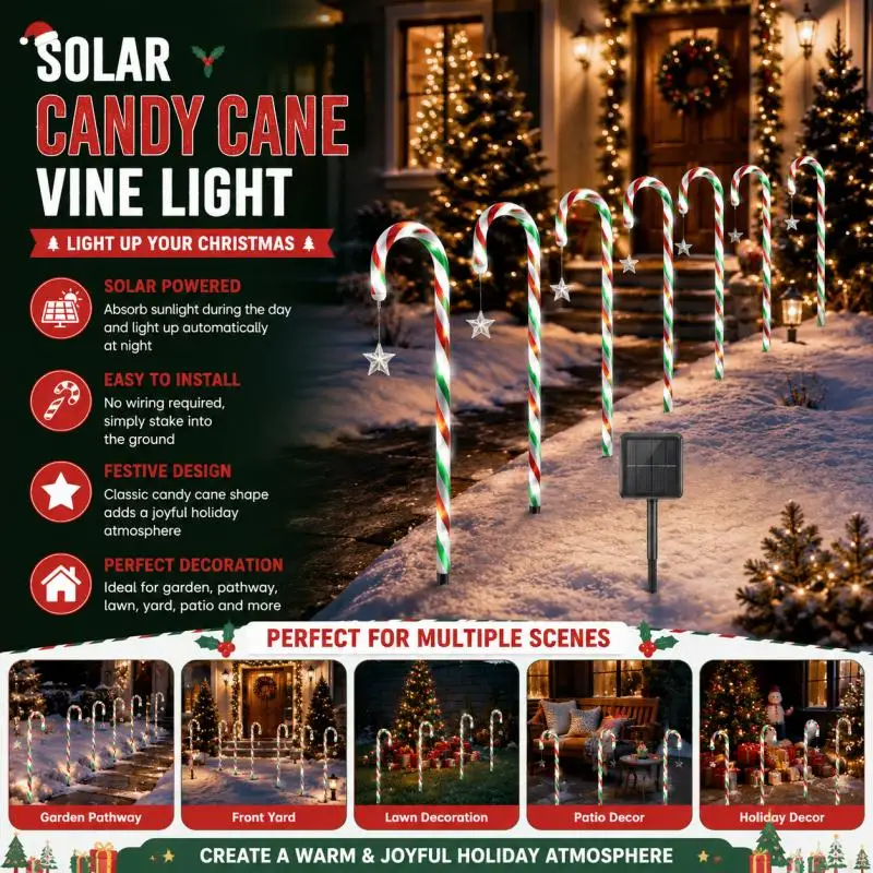 Solar Garden Lights Candy Cane LED Lawn Stakes, Waterproof Outdoor Pathway Lamps with Star Pendants for Christmas Yard Decor