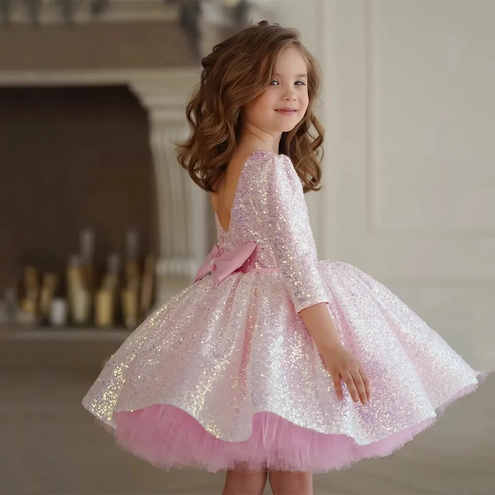 Pink Girls' Sequined Princess Dress Long Sleeved Stylish Children's Birthday Dress New Collection