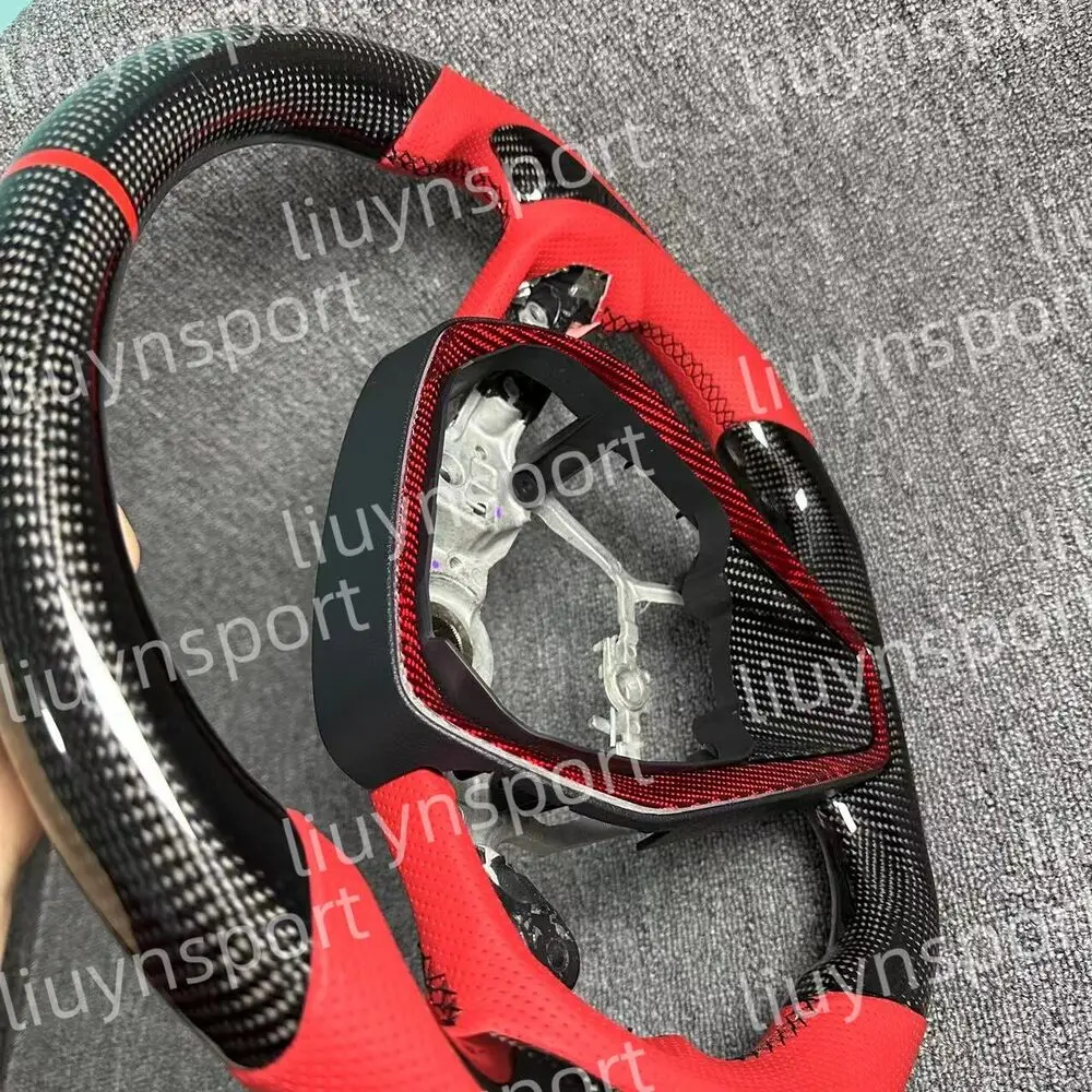 عجلة قيادة من الجلد الأحمر من ألياف الكربون الحقيقية لسيارة تويوتا كامري كورولا RAV4 18-23