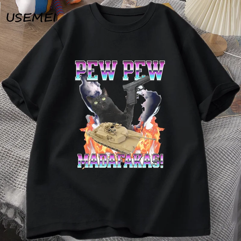 Stylish Pew Pew Madafakas T-Shirt for Men Women Funny Black Cat Tshirt Fashion Cotton Short Sleeve O Neck Tees Mens Clothes