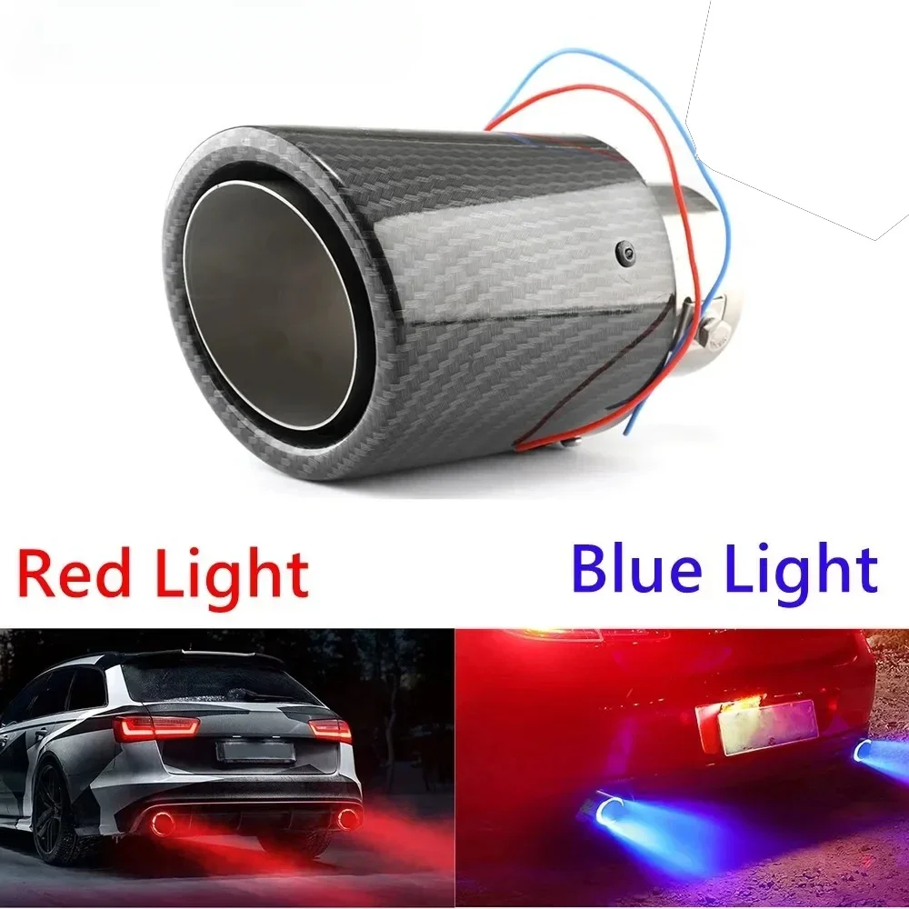 Universal Car LED Exhaust Muffler Tip Pipe Straight Car Modified Single Outlet Exhaust Pipe Tail Throat Red/Blue Light Flaming