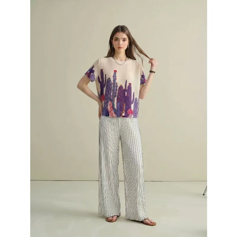 Miyake Pleated T-Shirt Plisse 2026 Summer New Cactus Print Fashion Commuter Versatile Playful Pleated Round Neck Fold Top Women