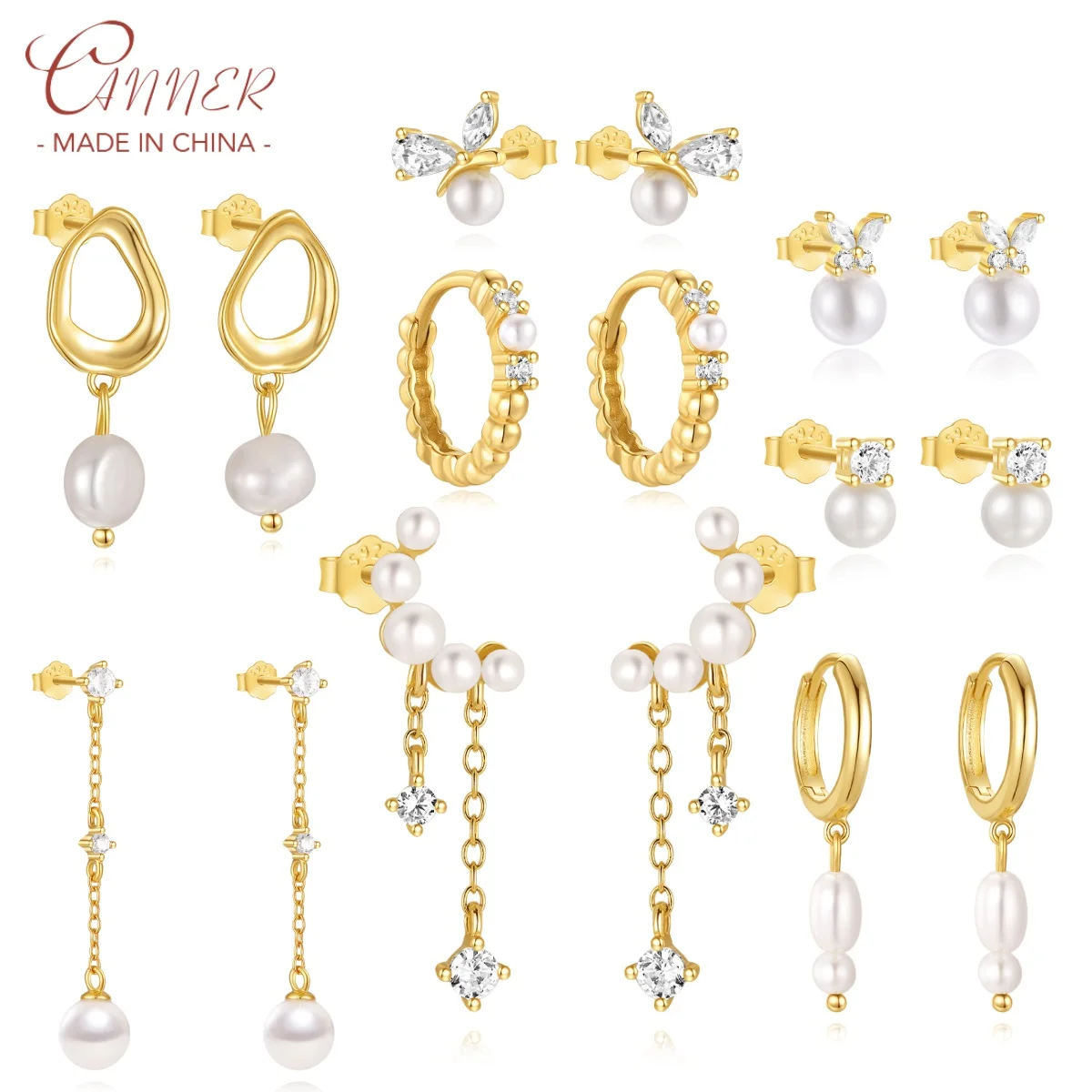 Konserve 925 ayar gümüş kelebek at gözü inci küpeler kadınlar için 18K altın düzensiz inci kolye popüler güzel takı