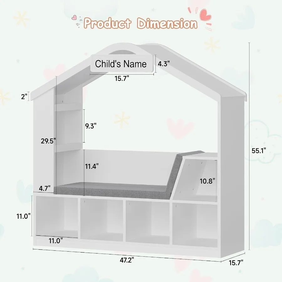 Bookshelf with Reading Nook, Toy Storage Organizer