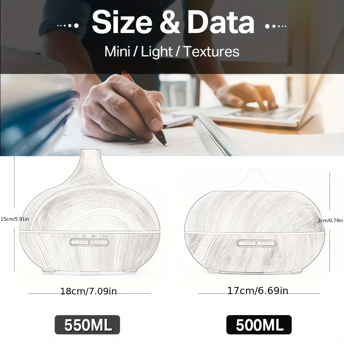 Diffuser For Home 18.6oz Aromatherapy Essential Oil Diffuser Wood Grain Remote Control Ultrasonic Air Humidifier Cool 7 Color LE