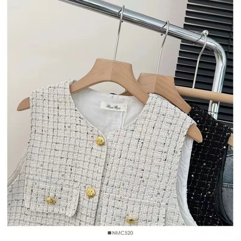 French Elegant Simple Office Lady Sequined Tweed Vest Sleeveless 2024 Jacket Spring Autumn New Short Chic Top